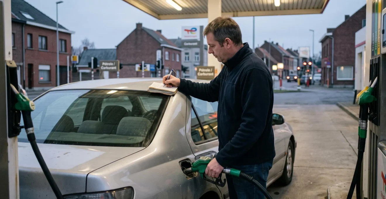 Un automobiliste note le kilométrage de sa voiture dans un carnet alors qu'il fait le plein dans une station-service.