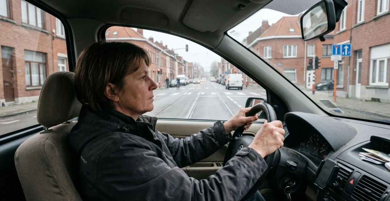 Un conducteur tient le volant des deux mains et regarde loin devant lui au volant de sa voiture sur une avenue urbaine belge.