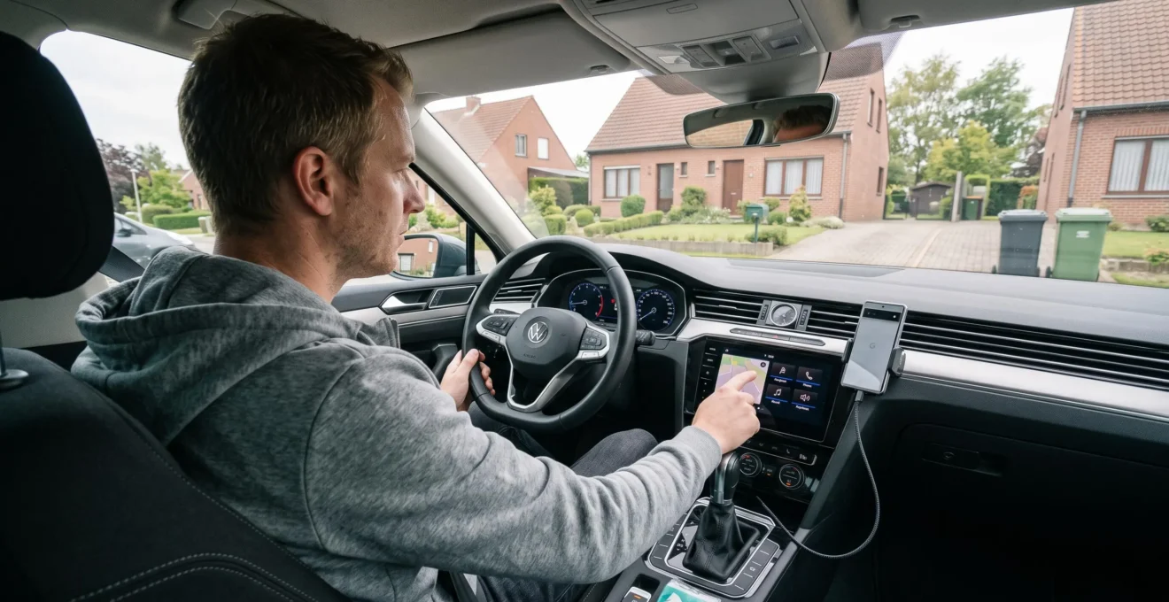 Un conducteur règle la navigation et la musique sur l'écran central de sa voiture, smartphone relié par câble, avant de démarrer.