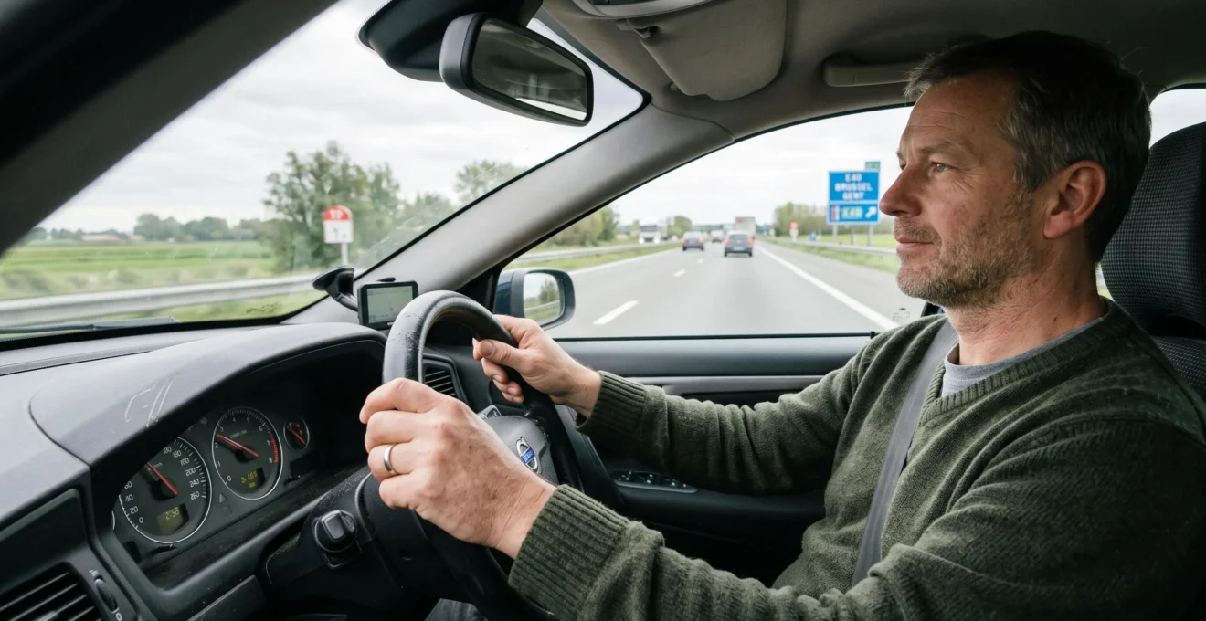 Un conducteur garde une vitesse stable sur une autoroute belge, mains posées sur le volant et compteur de vitesse régulier visible sur le tableau de bord.