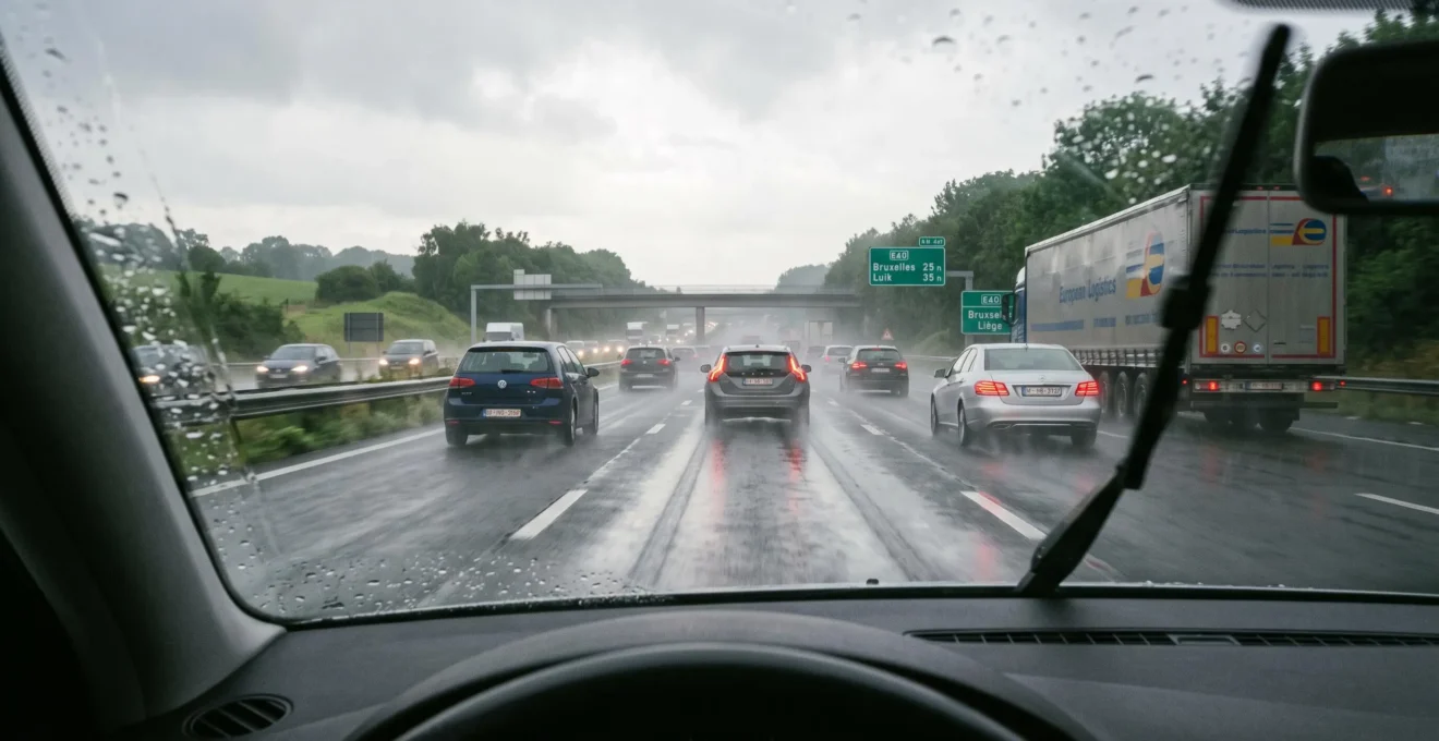 Vue depuis l'intérieur d'une voiture sur autoroute belge sous une averse, avec les balais d'essuie-glace en action et les projections d'eau des véhicules devant.