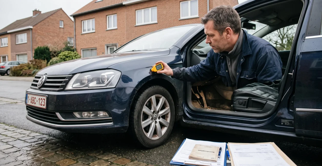 Un expert automobile inspecte la carrosserie d'une berline allemande d'occasion avec un gauge d'épaisseur de peinture devant une maison belge.