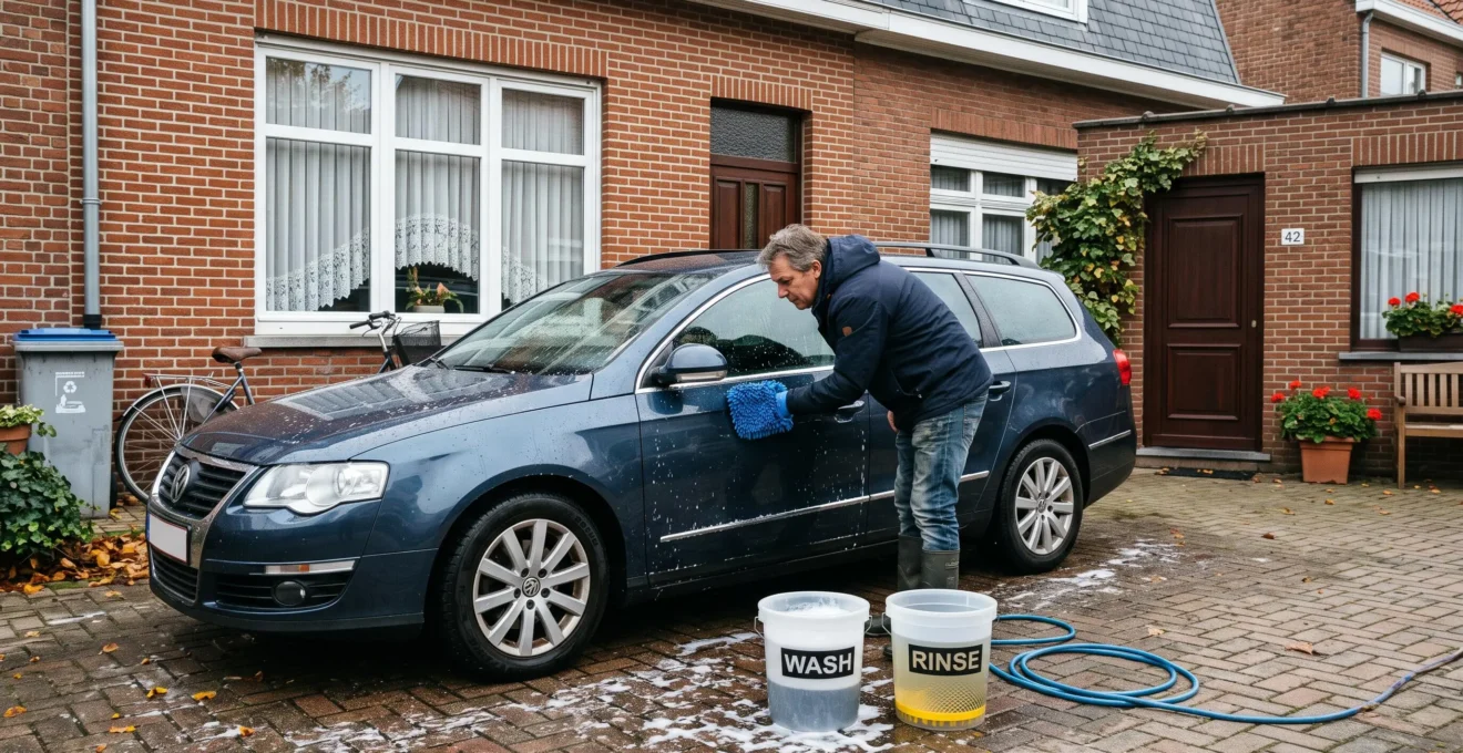 Une personne lave la carrosserie d'une voiture avec un gant en microfibre, en utilisant la méthode des deux seaux devant une maison belge.