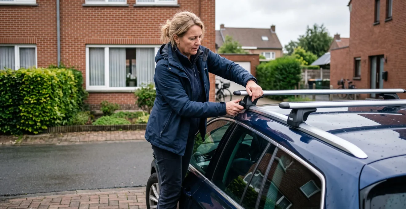 Une personne serre à la main la fixation d'une barre de toit posée sur le rail longitudinal d'une voiture stationnée dans une allée résidentielle.