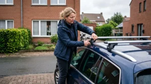 Une personne serre à la main la fixation d'une barre de toit posée sur le rail longitudinal d'une voiture stationnée dans une allée résidentielle.
