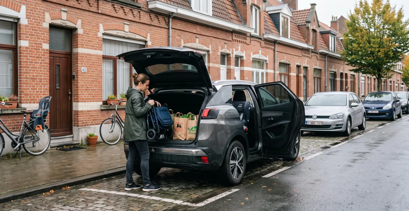 Un parent charge une poussette et des sacs de courses dans le coffre ouvert d'un SUV compact garé dans une rue résidentielle belge, un siège enfant visible à l'arrière.