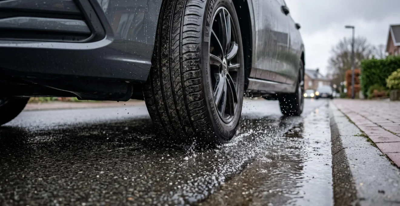 Un pneu de voiture au contact d'une chaussée mouillée sous une lumière grise, avec de fines flaques d'eau sur l'asphalte.