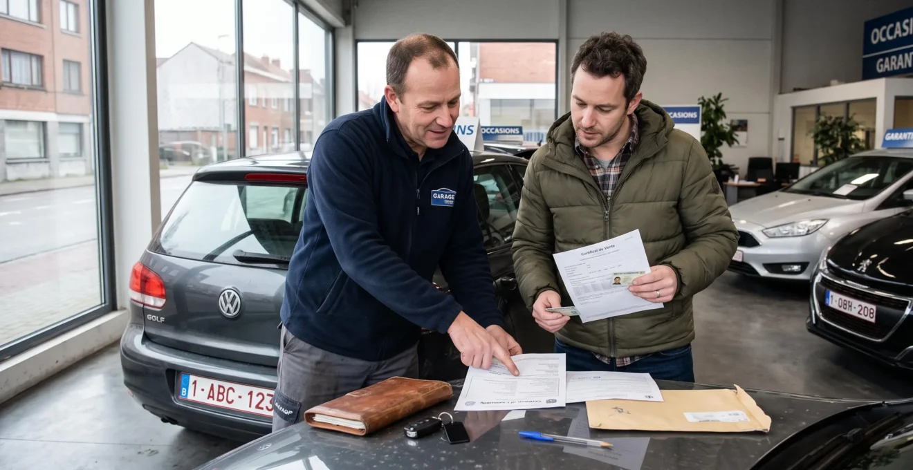 Un acheteur et un employé de garage vérifient ensemble les documents de cession d'un véhicule d'occasion dans un showroom belge.