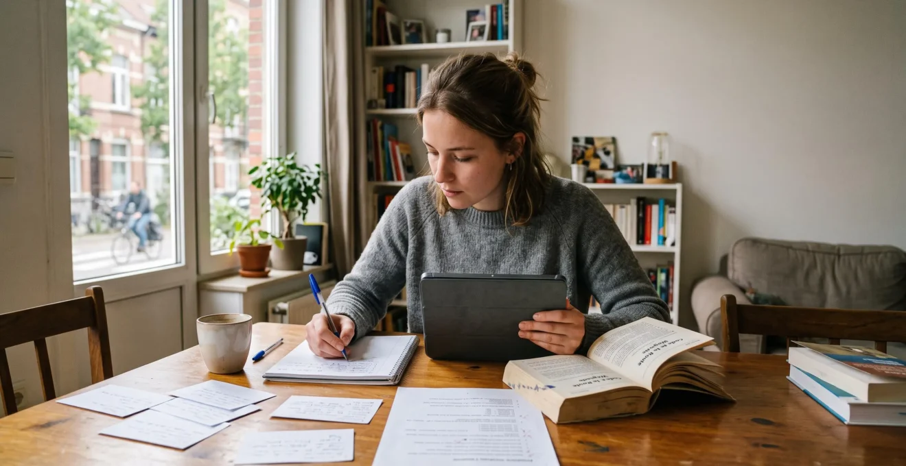 Un candidat révisant le code de la route à une table, un carnet de notes à la main et une série de questions d'entraînement sur une tablette.