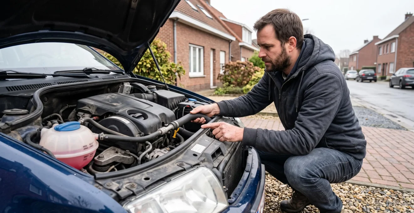 Un automobiliste vérifie à froid le niveau du liquide de refroidissement dans le vase d'expansion de sa voiture garée devant chez lui.