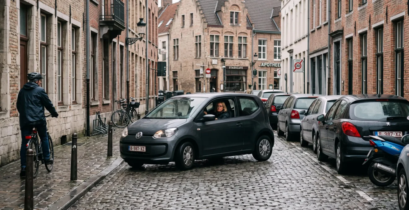 Une voiture compacte circule lentement dans une rue étroite pavée du centre-ville, entre des voitures garées et des façades anciennes.