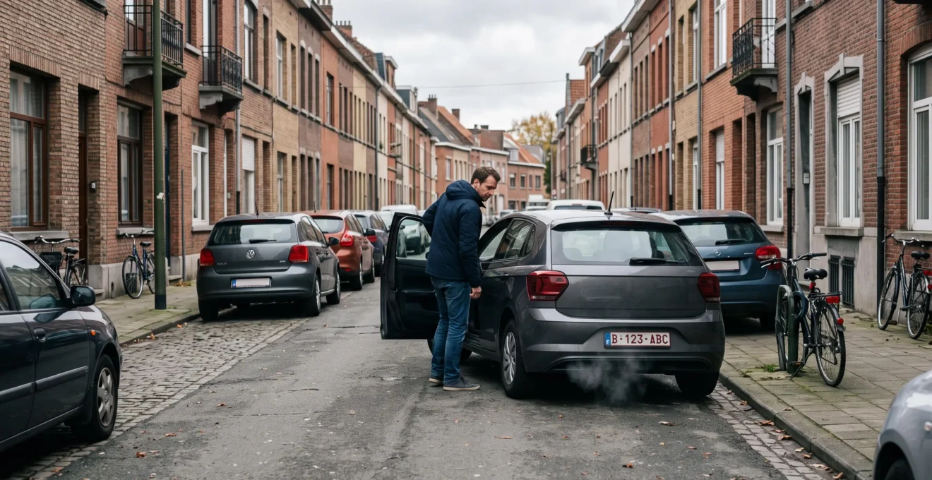 Une conductrice démarre une voiture essence dans une rue urbaine belge par temps frais, avec de la vapeur de condensation qui s'échappe du pot d'échappement.