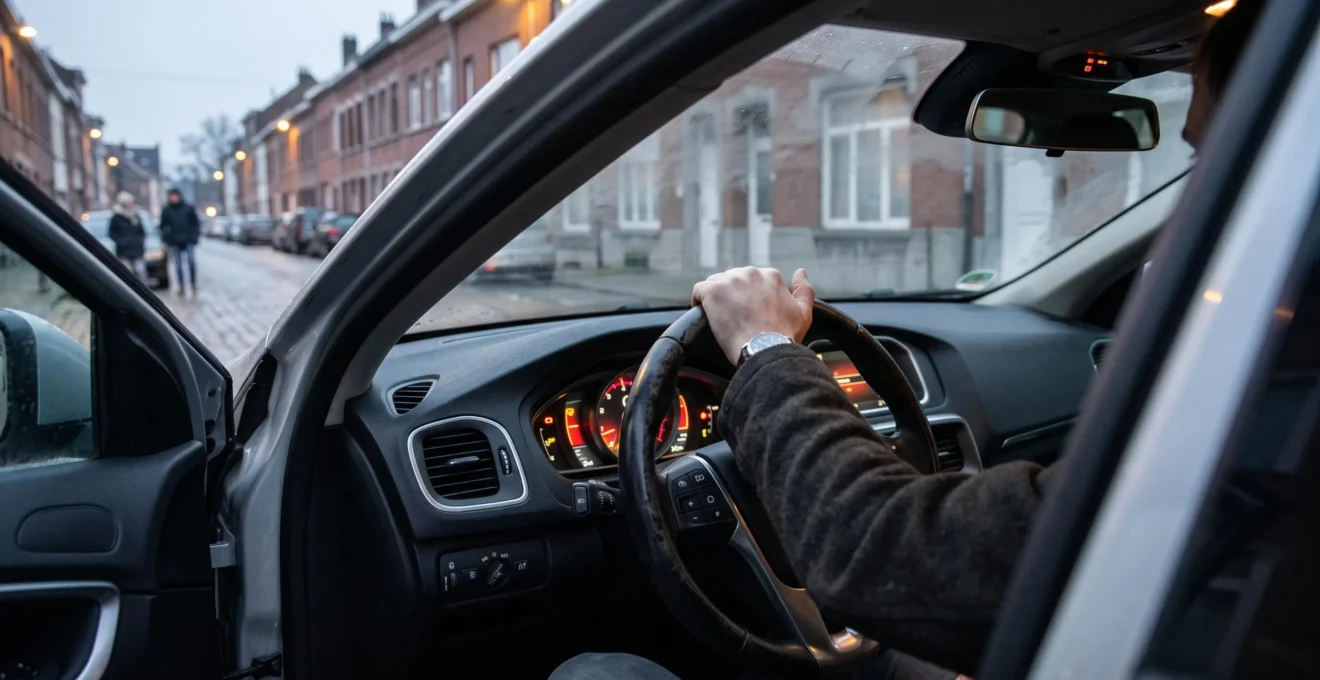 Tableau de bord d'une voiture allumé le matin d'hiver avec plusieurs voyants d'alerte illuminés en même temps